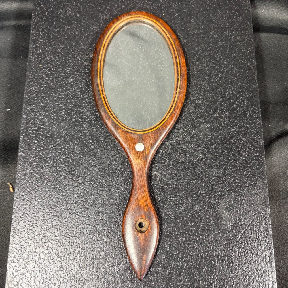 Victorian Edwardian Inlaid Wood Hand Mirror Mother of Pearl Inlay Antique